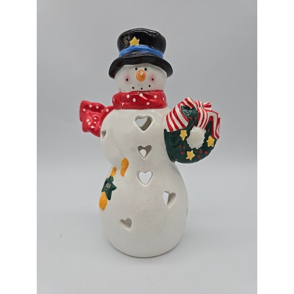 Hallmark 7 " Snowman Votive / Tea Light Candle Holder With wreath and Hearts